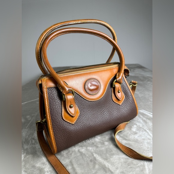 Vintage Dooney & Bourke Bag Purse Brown Tan All Weather Leather Boston Satchel - Picture 2 of 14